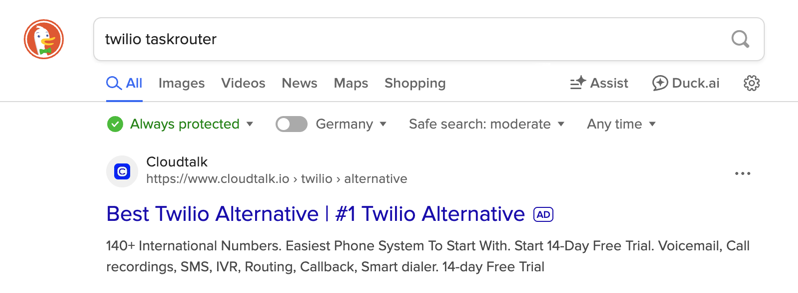DuckDuckGo search for 'twilio taskrouter' returns Twilio competitor as first hit